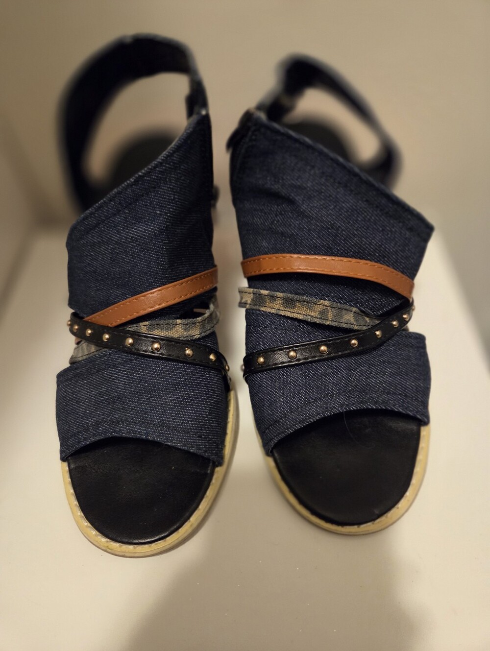Denim Wedge Sandals with Studded Straps - Navy & Brown Size 8